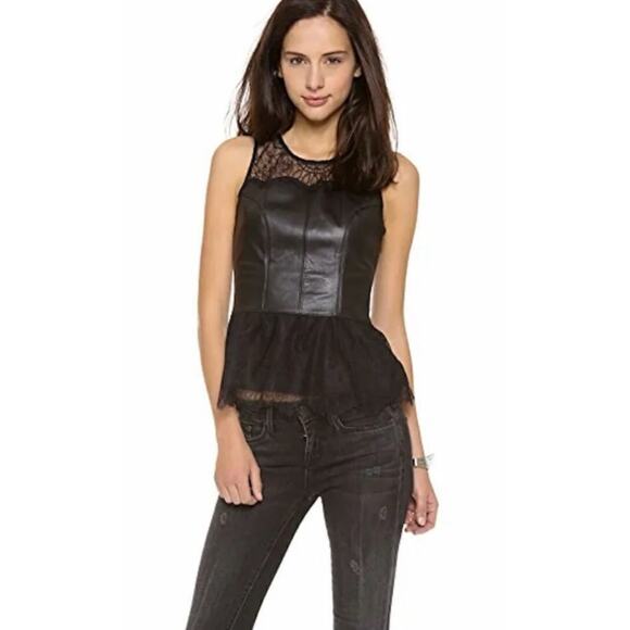 Patterson J. Kincaid Tops - Patterson J. Kincaid Black Sleeveless Lamb Leather & Lace Peplum Top L